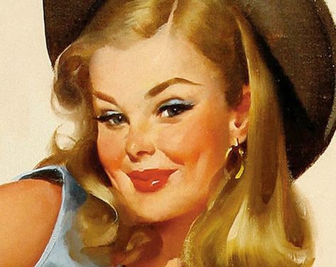 This is a Classic Vintage Style Pin-Up Poster originally published in the 1960s. This Poster, by Gil Elvgren - one of the most famous and respected pin up artists of the twentieth century, is from the canvas oil painting of the same name. Gillette Elvgren was born and raised in St. Paul, Minnesota, where he worked in his father's paint store. He created billboard, poster and magazine artwork, but is most famous for his pin-up girls. The "Elvgren Girl" was known for her sweet, sexy and innocent d Western Pinup, Ladies Illustration, Vargas Girls, Aubrey Beardsley, Classic Vintage Style, Canvas Oil Painting, Gil Elvgren, Pin Up Posters, Nostalgic Images