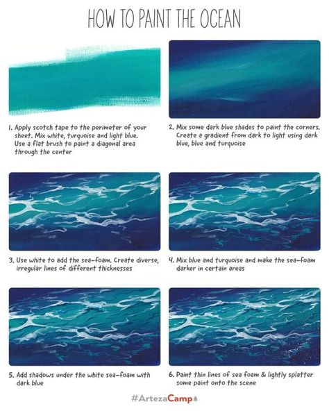 Water Paintings Acrylic, Painting Water Acrylic Step By Step, How To Paint Water With Acrylic Step By Step, Acrylic Painting Tutorials Step By Step Landscape, Water Drawing Tutorial, Water Texture Drawing, How To Paint Water With Acrylic, How To Paint Water, Ocean Landscape Painting