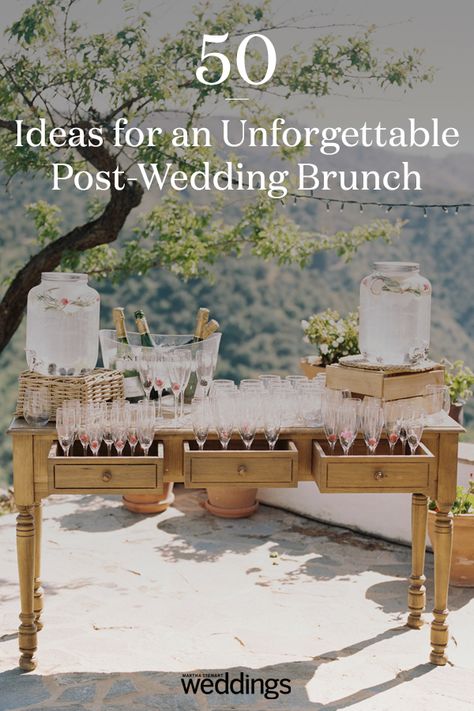 Post wedding brunch is becoming more of a trend each year! Here are 50 ideas for your brunch that are sure to impress your guests and create a glamorous addition to your wedding details and theme. #Wedding #Brunch #Ideas #Inspiration #WeddingBrunch #PostWedding #SundayBrunch #Unforgettable #Details | Martha Stewart Weddings -  50 Ideas for an Unforgettable Post-Wedding Brunch Brunch With The Newlyweds, Day Party Wedding, Goodbye Brunch Wedding, Small Wedding Brunch Ideas, Farewell Wedding Brunch Ideas, Wedding Brunch Table Decorations, Brunch Wedding Ceremony, Wedding Day After Brunch, Day After Brunch Wedding