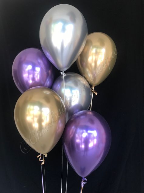 A personal favorite from my Etsy shop https://www.etsy.com/listing/608948632/chrome-balloons-purple-and-gold-balloons Purple Gold Silver Party Decor, Physics Decor, Gold And Purple Birthday Decorations, Purple And Gold Decorations, Purple Gold Party, Metallic Birthday, Balloons Purple, Anniversary Balloons, Masquerade Decorations