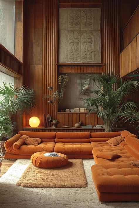 living room interior design 70s Living Room, 70s Interior Design, Orange Couch, Mid Century Modern Interior Design, 70s Interior, Retro Living Rooms, Casa Vintage, Mid Century Modern Interiors, Deco Retro