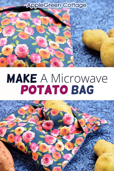 See how to make a microwave potato bag. Ditch the oven wait! Make moist, fluffy microwave-baked potatoes in under 10 minutes with a microwave potato bag! This free microwave potato bag pattern is an easy sewing project for beginners, and makes a great sewing gift and a housewarming gift. This site has dozens of free tutorials on sewing for the kitchen: a free oven mitt pattern, potholder patterns, table runner tutorials, and more. Get the free pattern for microwave bags for potatoes now! Microwavable Potato Bag, Potato Sack Diy, Couture, Patchwork, Tela, Microwave Potato Bag Instructions, Microwave Baked Potato Pouch, Baked Potatoes In The Microwave Bag, Baked Potato Microwave Bag