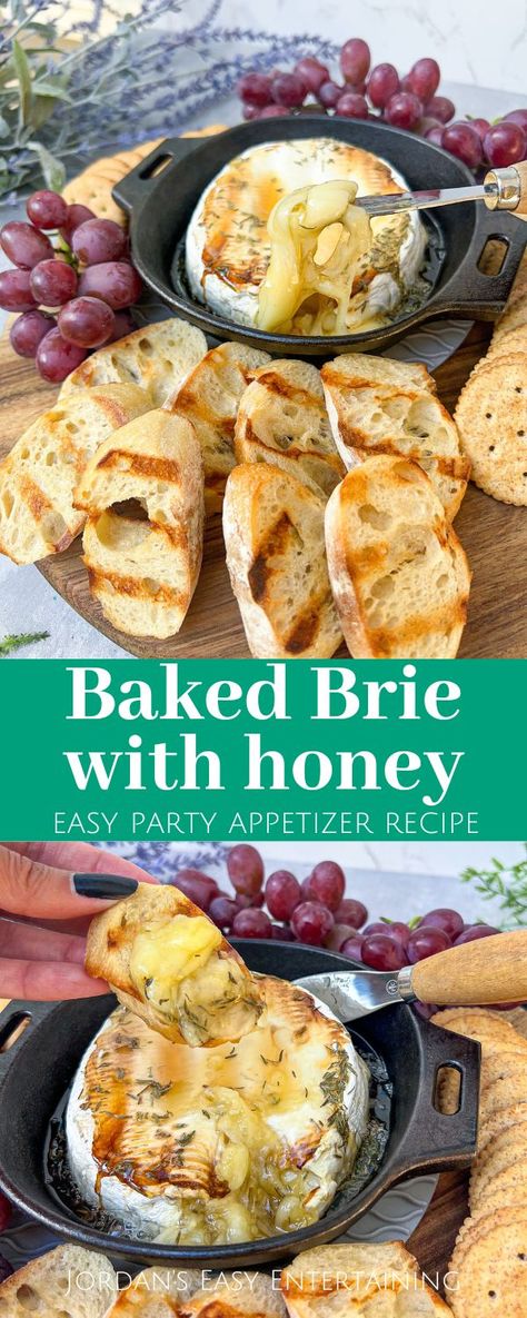 This baked brie with honey recipe is one of those easy party appetizers full of ooey gooey cheesy goodness, topped with sweet drizzly golden honey and just a touch of savory flavor. Baked Cheese With Honey, Essen, Baked Brie Honey Pecans, Baked Cheese Recipes Appetizers, Brie Honey Recipes, Brie Dip With Honey, Baked Brie With Honey And Almonds, Brie Cheese With Honey, Baked Brie And Apples