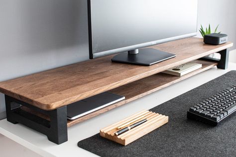 Our oak products have unique look and design. These wooden monitor stands are perfect to your desk and save space. All are smoothly sanded and protected with a mineral oil and a beeswax. There are available in a lot of different sizes which will definitely meet each customer's needs. Please note that is not walnut, is oak stained to walnut colour. Dimensions on Photo: Length: 1000mm Width: 250mm Height: 120mm Shelf length depend from total lenght of top.  Shelf length: total - aporx 120mm Shelf Monitor Stand Diy, Imac Stand, Living Room Tv Unit, Living Room Tv Unit Designs, Desktop Setup, Wooden Bedside Table, Bedroom Setup, Tv Furniture, Monitor Stand