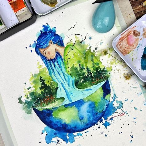 Environmental Day Painting Ideas, Drawing On World Earth Day, Saving The Earth Drawing, Mother Earth Drawing Nature, Earth Day Sketches, Nature Saving Drawings, Drawing Related To Environment, Different Types Of Arts And Crafts, Watercolor Earth Painting