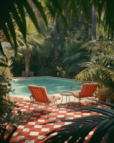 Retro retreats ❤️ Time travel's real, and it brought me here: Palm Springs, 1957. #HiddenOasis #ArtPrints Palm Springs Midcentury Modern, Acapulco, Bordeaux, Vintage Palm Springs Interior Design, Palm Springs 50s, Palm Springs Vibe Decor, 80s Palm Springs, 1970s Palm Springs, 70s Pool Aesthetic