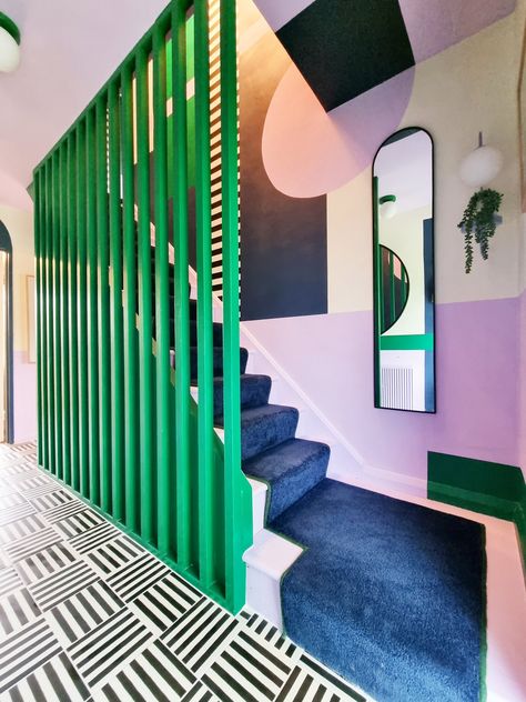 The Colour Block Hallway — Barbara Ramani Interiors Staircase Wall Painting Ideas, Nordic Livingroom, Colour Blocking Interior, Eclectic Entryway, Eclectic Decor Modern, Stairs Colours, Painted Staircases, Hallway Colours, Interior Staircase