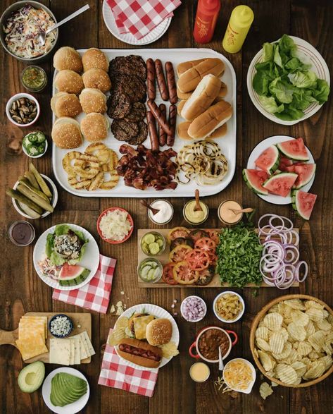 Grilled Burgers and Hot Dogs Spread by The BakerMama Hot Dogs And Burgers, Burger Hot Dog Bar Party Ideas, Hot Dogs And Burgers Party, Burger And Beer Party, Hamburger Hotdog Station, Hamburger Hot Dog Party, Burgers And Dogs Party, Burgers Party Ideas, Burger Night Party