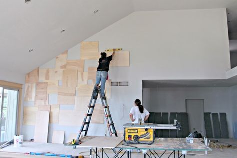 Accent wall idea using Purebond plywood. Perfect way to decorate a large accent wall in living room or dining room. This unique plywood wall idea is a show stopper! Accent Walls In Living Room Slanted Ceiling, Tall Wall Ideas Living Room, Accent Vaulted Wall, Angled Living Room Wall, Accent Walls In Living Room Tall Ceilings, Accent Walls In Living Room With Vaulted Ceilings, Cathedral Ceiling Living Room Accent Wall, Angled Accent Wall Living Rooms, Large Feature Wall Ideas Living Room