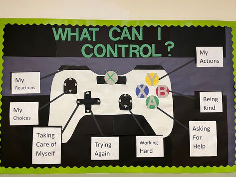 An x box controller with different parts labeled as “what I can control” for example, my mindset, my choices, my actions, etc. Growth Mindset Board Classroom, Achievement Bulletin Board Ideas, Coping Skills Bulletin Board Middle School, College Bulletin Boards Elementary, Things In My Control Bulletin Board, Counselor Board Ideas, Interactive High School Bulletin Boards, Behavior Classroom Bulletin Boards, Therapeutic Bulletin Boards