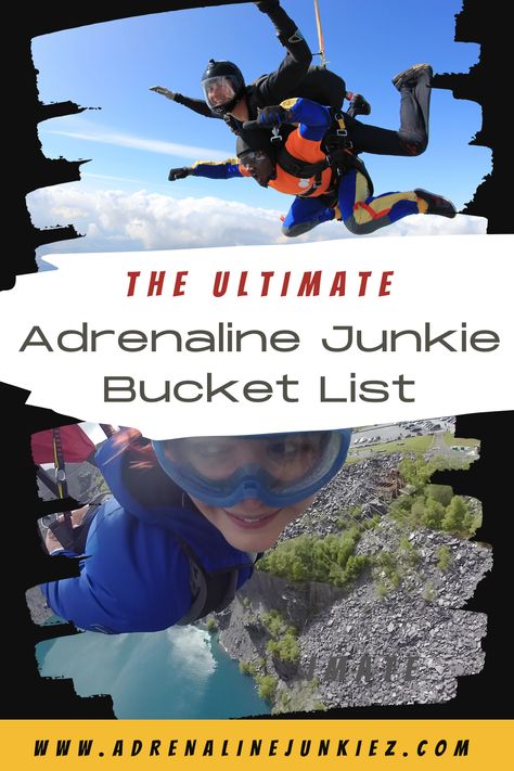 Are you thirsty for your next adventure? Do you love action-packed thrills and experiences? Then check out these hair-raising, stomach-churning activities. The ultimate adrenaline junkie bucket list is packed full of extreme activities and ideas from across the world. From diving with great whites to ice climbing, polar plunge, or wing walking. There are so many things to try before you die! Be inspired, be scared, but most of all, live life to the full. #adrenalinejunkie #adventuretravel Nature, Thrill Seeking Activities, Wing Walking, Adrenaline Activities, Hero Archetype, Polar Plunge, Extreme Activities, Myrtos Beach, Africa Vacation