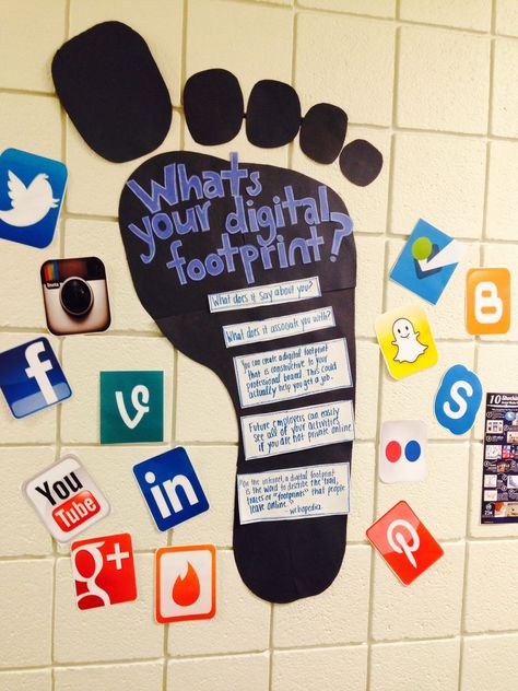 Digital Footprint Bulletin Board, Technology Bulletin Board Ideas, Social Media Bulletin Board, Computer Lab Bulletin Board Ideas, Computer Bulletin Boards, E Safety, Computing Display, Technology Bulletin Board, Computer Lab Decor