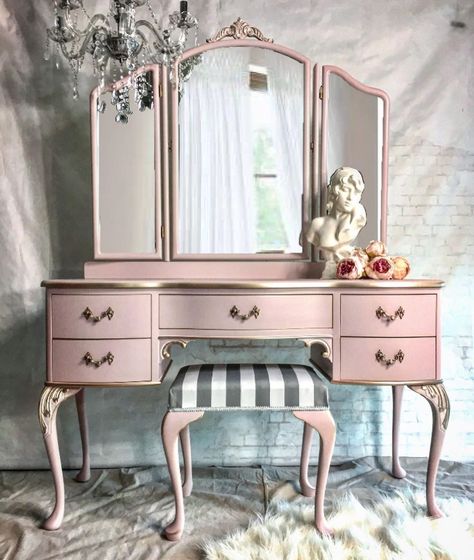 Furniture & Vintage Finds on Instagram: “Custom complete! This beauty has been given a makeover in one of my favourite combinations! - blush pink and rose gold.. . Details limed…” Skirted Dressing Table, French Inspired Furniture, Bedroom Vanity Set, Classy Rooms, Breton Stripes, Inspired Furniture, Gilding Wax, Linen Furniture, Bedroom Decor For Couples