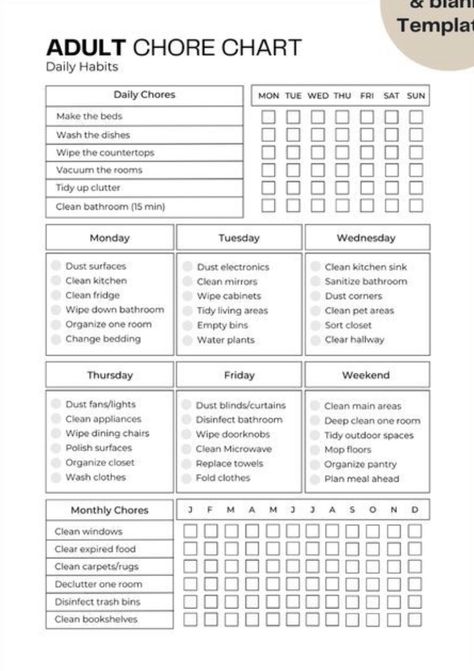 Chore Management, Adult Chore Chart, Cleaning Chart, Organized Lifestyle, Cleaning Planner, Daily Chores, To Do Planner, House Cleaning Checklist, Cleaning List