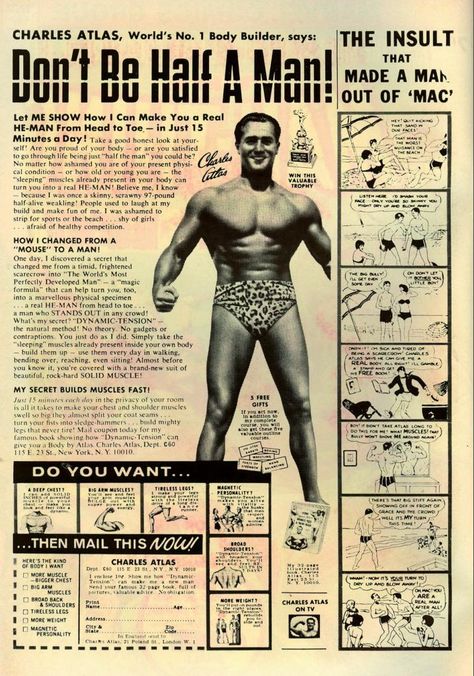 Comic Books had the best ads. Vintage Librarian, Charles Atlas, Vintage Muscle Men, Steve Reeves, Teaching Boys, Book Advertising, Funny Vintage Ads, Old Comic Books, Cheat Code