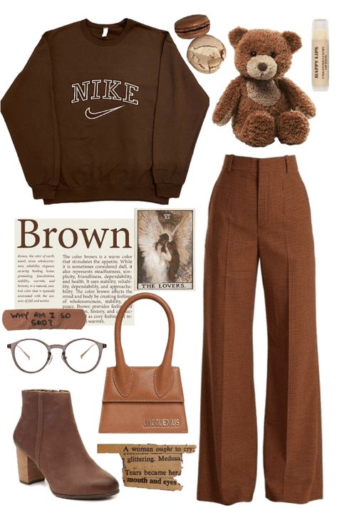 Croquis, Brown Acedamia Outfits, Brown Themed Outfit, Light Brown Outfit Ideas, Brown Clothing Style, Brown Christmas Outfit, Brown Sweater Outfit Aesthetic, Brown Aesthetic Outfit Girl, Light Brown Trousers Outfit