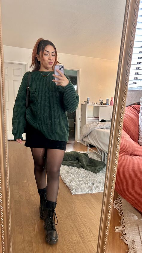 Outfit Ideas Doc Martens Winter, Dark Green Oversized Sweater Outfit, Docs With Skirt Outfit, Black Skirt Curvy Outfit, Green Sweater Black Skirt, Black Skirt Outfit Curvy, Doc Martens And Skirt Outfit, Green Sweater And Skirt Outfit, Black Dress Sweater Outfit