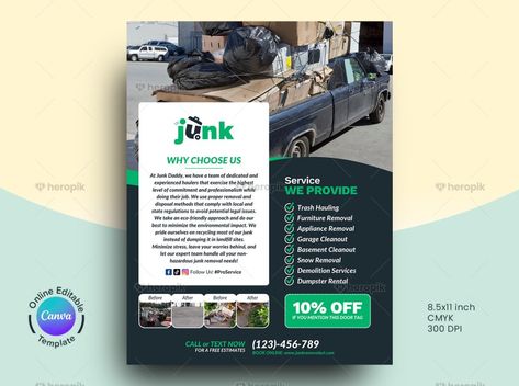 Junk Removal Service Flyer Canva Template - Heropik | Marketing Materials For Small Businesses Junk Removal Service, Junk Removal, Social Media Banner, Canva Templates, File Format, Marketing Materials, Door Hanger, 11 Inches, A Team