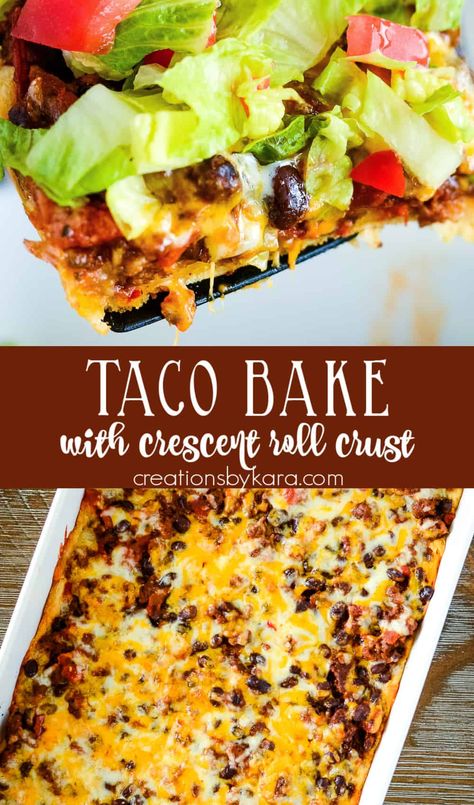 Spice up your Taco Tuesday with this mouthwatering crescent roll taco bake. It's the perfect combination of flaky crescent rolls and savory taco flavors. #cresentrolltaco #tacobakewithcrescentrolls #tacotuesday @Creations by Kara Beef Taco Ring Crescent Rolls, Taco Casserole Bake Crescent Rolls Easy Recipes, Taco Casserole Crescent Rolls, Croissant Taco Bake, Taco Casserole Bake With Crescent Rolls, Frito Taco Pie With Crescent Rolls, Casseroles With Crescent Rolls, Taco Bake Casserole With Crescent Rolls, Chili Dog Casserole With Crescent Rolls