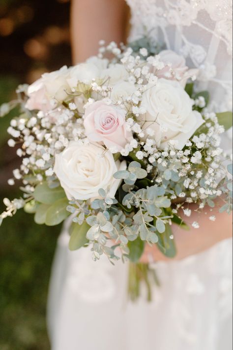 #bridalbouquet #floral #bridal #bouquet #babysbreath #rose #pink #eucalyptus #wedding #weddingflowers Blush Pink And White Bouquet Wedding, White Blush And Green Bridal Bouquet, Blush And Green Bouquet, Bridesmaid Bouquet Light Pink, Sage And Blush Bridal Bouquet, White And Pink Rose Bouquet With Eucalyptus, Pink Rose And Eucalyptus Bouquet, White And Blush Bridal Bouquet With Greenery, Dusty Rose Bridal Bouquet With Greenery