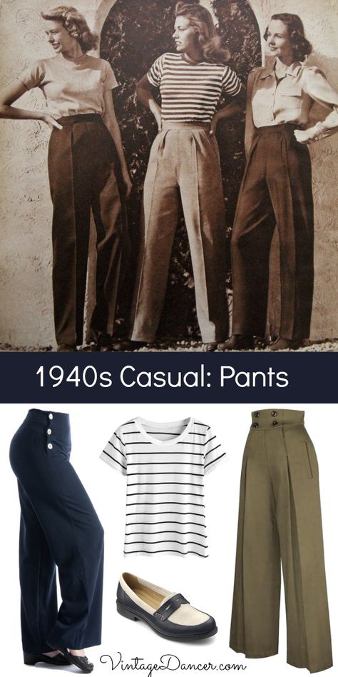 1940s casual outfits with pants or trousers 40s Fashion, 40s Mode, 40s Outfits, 1940s Fashion Women, 1940’s Fashion, 1940s Outfits, Vintage Outfits 90s, Look Retro, Vintage Wardrobe