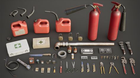 ArtStation - Survival Horror Items Props Pack, Maxim Dorokhov Horror Items, Garden Tools Decor, Horror Room, Warehouse Project, Disney Canvas Art, Props Concept, Survival Horror, Apocalypse Art, Pixel Art Tutorial