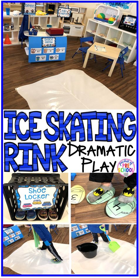 Ice Rink Dramatic Play for Preschool, Pre-K, & Kindergarten January Preschool Dramatic Play, December Dramatic Play Center, Snowman Dramatic Play Preschool, Dramatic Play Centers Winter, Winter Sports For Preschool, The Mitten Dramatic Play, Dramatic Play January, Winter Dramatic Play Kindergarten, January Dramatic Play Ideas