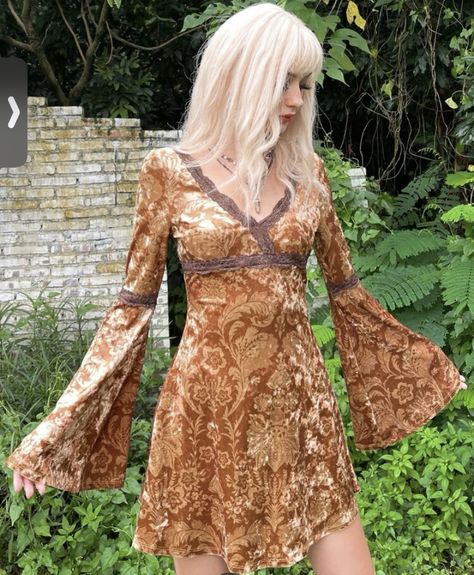 70’s Bell Sleeve Dress, Upcycling, Brown 70s Dress, 70s Sparkly Dress, 70s Orange Dress, 70s Slip Dress, Orange Fairy Outfit, Eclectic Vintage Style Clothes, 70s Flowy Dress