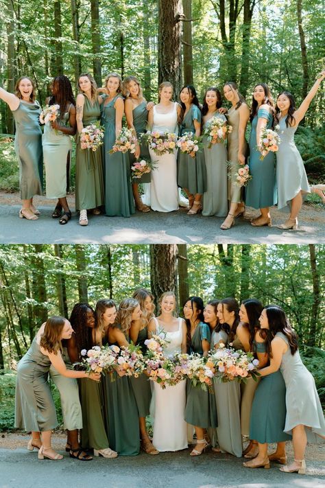 Green Bridesmaids Dresses | Bridesmaid Dresses Styles | Oregon Photographer | I am obsessed with these bridesmaids with mismatched dresses at this outdoor wedding. I love how they are all green but different styles! See olive green bridesmaids dresses mismatched, shades of green bridesmaids dresses, green bridesmaids dresses mismatched, bridesmaid dresses elegant and bridesmaid dresses aesthetic. Book Kendra for your timeless wedding photos or Oregon wedding photography at kendiphotos.com. Mixed Matched Green Bridesmaid Dresses, Un Matching Bridesmaids, Green Bridesmaid Color Palette, Bridesmaid Mismatched Dresses Green, Two Bridesmaids Only Mismatched, Mismatched Green Wedding Party, Green Theme Bridesmaid Dresses, Shades Of Green Bridesmaid Dresses Fall, Olive Bridesmaid Dresses Mismatched