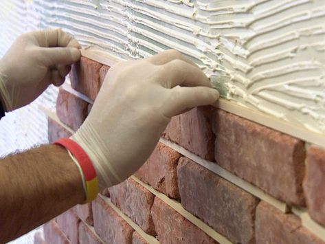 Create an eye-catching brick veneer accent wall with these step-by-step instructions on DIYNetwork.com. Brick Veneer Wall, Fake Brick Wall, Deco Spa, Fake Brick, Brick Accent Wall, Brick Accent Walls, Brick Interior Wall, Brick Interior, Brick Veneer