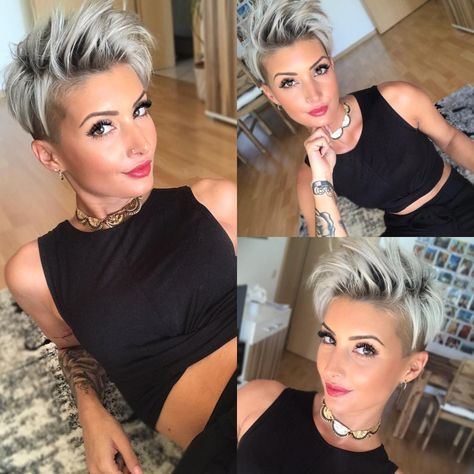 Spiky Gray Pixie With Undercut Shaggy Pixie With Undercut, Women Pixie Haircut, Pixie Undercut, Short Spiky Haircuts, Short Shag Hairstyles, Cool Short Hairstyles, Short Layered Haircuts, Undercut Pixie, Bob Hairstyles For Fine Hair