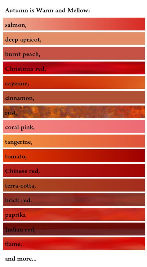 Autumn reds :: Soft Autumns wear salmon, deep apricot, burnt peach, coral pink, cinnamon, terra cotta, brick red, indian red Deep Peach Color, Different Types Of Red Color, Deep Apricot Color, Pinks For Dark Autumn, Pinks For Deep Autumn, Pink For Autumn Palette, Burnt Peach Color, Reds For Soft Autumn, Deep Autumn Red Lipstick