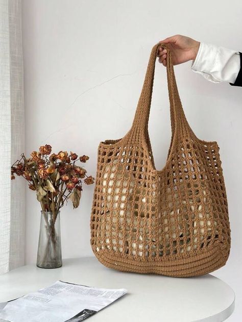 Women's Minimalist Large Capacity Hollowed Out Woven Shopping Bag Handbag Beach Bag | SHEIN USA Novelty Bags, Weave Shop, Crochet Beach Bags, Knitting Tote Bag, Knitting Tote, Crochet Tote Bag, Woven Tote Bag, Crochet Tote, Bag Crochet