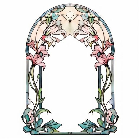 Winter Art Nouveau, Art Nouveau Reference, Flower Arch Illustration, Flower Arch Drawing, Art Nouveau Stained Glass Designs, 1930s Aesthetic Art Deco, Stained Glass Art Drawing, Art Nouveau Stained Glass Window, Glass Stained Art