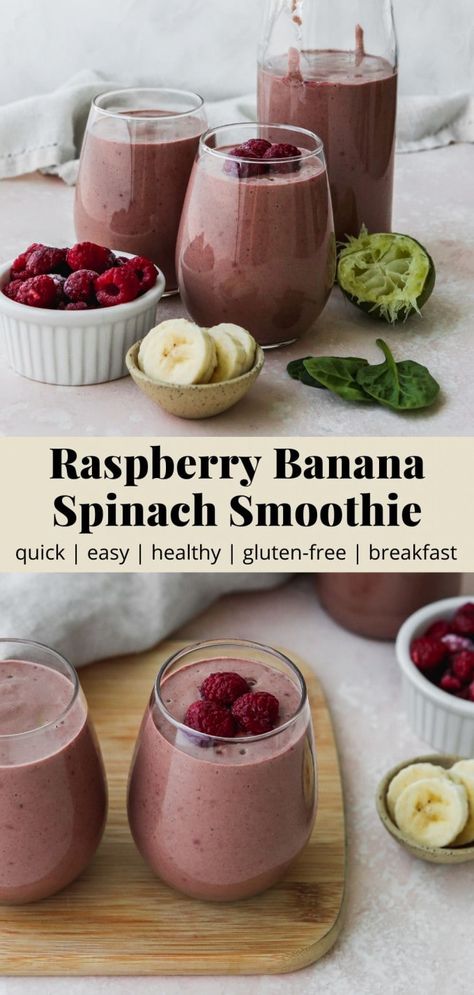 Essen, Spinach Smoothie Recipes Healthy, Smoothie Dates, Liquid Breakfast, Walder Wellness, Raspberry Smoothie Recipes, Raspberry Banana Smoothie, Banana Spinach Smoothie, Raspberry Banana