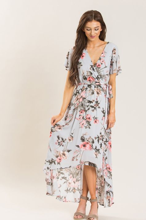 Our top selling Meldoy Floral Wrap Maxi Dress now comes in a new irresistible color! We love floral dresses and this ice grey high-low maxi dress is no exception! The gorgeous Spring color, faux-wrap Couture, Flowy Bridesmaid Dresses, White Maxi Dress Boho, Cherry Print Dress, Short Beach Dresses, Short Dress White, Morning Lavender, Floral Wrap Maxi Dress, Cute Maxi Dress