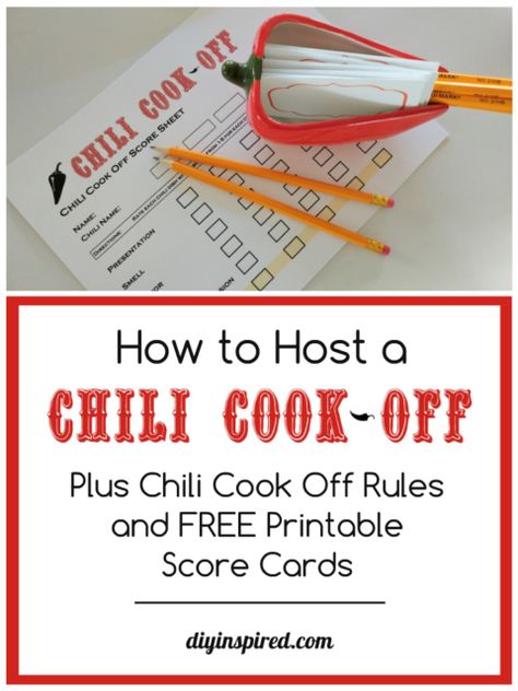 Chili cook off rules and free score sheet, plus printable chili name cards, and ideas for how to host your own chili cook off. Chili Cook Off Categories, Couples Olympics, Cookoff Ideas, Chilli Cookoff, Chili Fest, Neighborhood Ideas, Chili Contest, Chili Party, Church Fall Festival