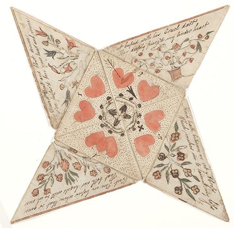 Hand-drawn; hand-colored; hand-lettered. This document is a square sheet of paper that is folded into a star. The text and drawings are on both sides of the sheet. The areas that are visible on the folded paper are decorated with text, hearts, flowers and a small cross. One of the hearts is pierced by an arrow. circa 1800 Mail Art, Alphonse Mucha, Swans, Valentines Puzzles, 1000 Lifehacks, Pennsylvania Dutch, Love Token, My Funny Valentine, Vintage Valentines