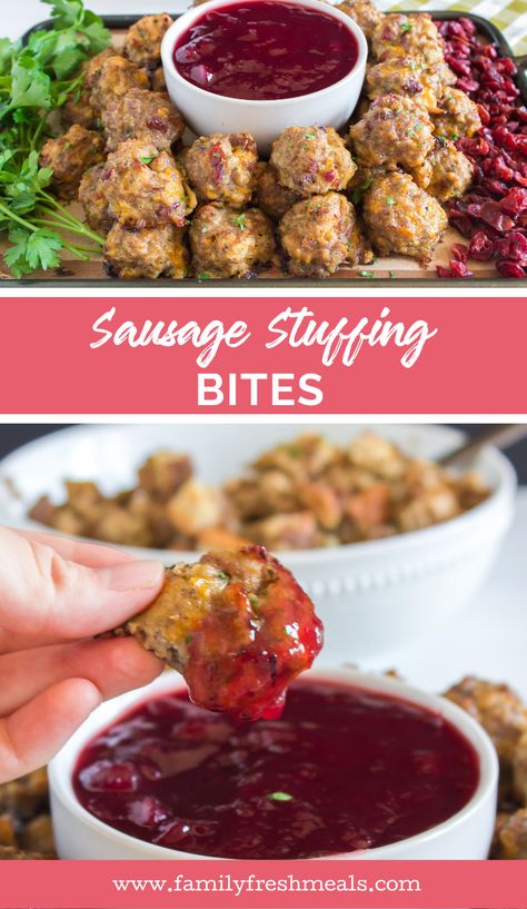 Sausage Thanksgiving Appetizer, Stuffing Appetizer Thanksgiving, Thanksgiving Dishes Easy, Sausage Stuffing Bites With Cranberry Dipping Sauce, Sausage Turkey Stuffing Recipe, Sausage Stuffing Balls With Cranberry, Thanksgiving Meat Appetizers, Thanksgiving Football Appetizers, Small Bites Thanksgiving