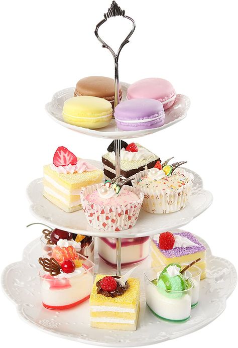 AmazonSmile | MyGift Decorative 3 Tier White Ceramic Tea Party Serving Platter Cupcake Dessert Stand: Platters Sharing Dessert Platter, Cake Tiers Stand Ideas, Small Tea Party Ideas, Cake Tray Decor Display, Dessert Tier Display, 3 Tier Stand Decor, Tea Party Tray, Cake On Plate, Dessert Tier