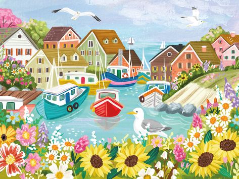 Art And Illustration, Sea Town, 300 Pieces Jigsaw Puzzle, Illustration Kunst, Harbor Town, Flowers Growing, Crystal Crafts, Art Et Illustration, Art Kits