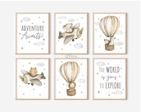 Little Explorer Nursery, Oh The Places You’ll Go Nursery, Brown Nursery, In Airplane, Baby Elephant Nursery, Airplane Wall Art, Airplane Nursery, Airplane Wall, Nursery Prints Boy