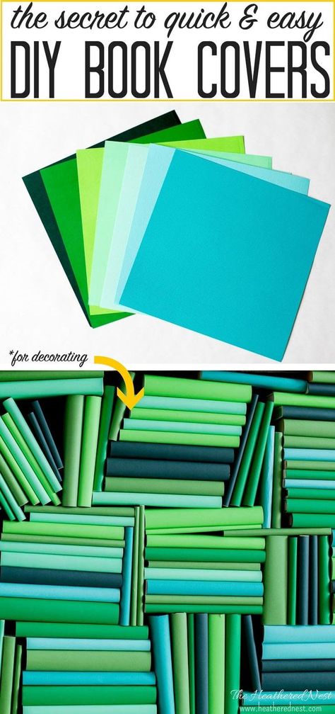 Easy DIY book cover tutorial. Takes about 30 seconds/book, and you can put together an ombre book display anywhere in your own home! #ombre #bookdisplays #bookdisplayideas #ombrebookcovers #green