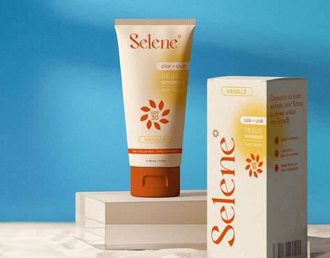 Brand identity, Packagings • Selene, sunscreen brand Sunscreen Packaging Ideas, Sunscreen Label Design, Sunscreen Design Packaging, Suncream Packaging, Sunscreen Branding, Sunscreen Packaging Design, Cosmetic Label Design, Label Designing, Skincare Package