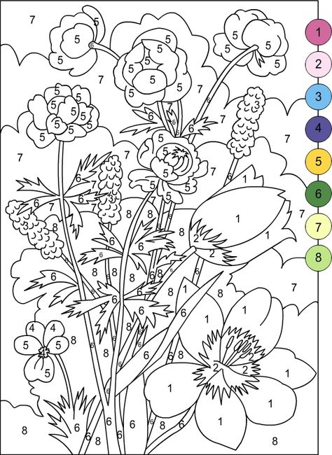 Nicole's Free Coloring Pages: COLOR BY NUMBERS * FLOWERS coloring page Printables For Adults, Adult Color By Number, Fargelegging For Barn, Number Printables, Pola Topi, Color By Number Printable, Adult Colouring Pages, Seni Cat Air, Color By Numbers