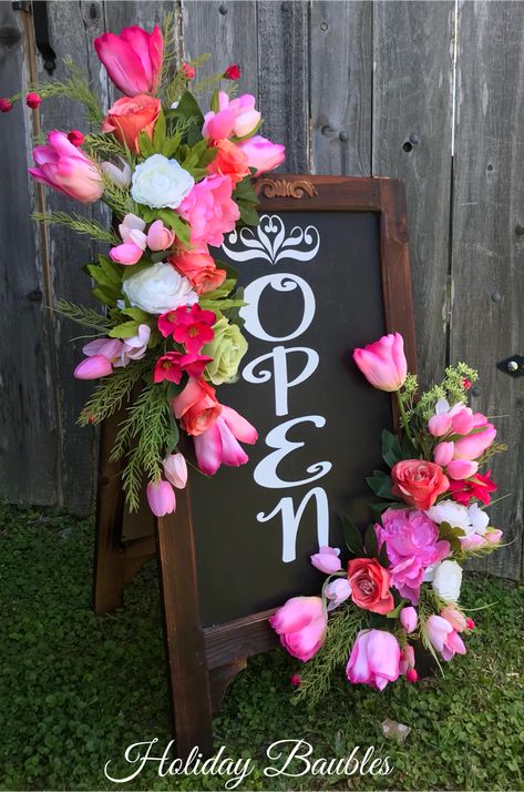 OPEN Chalkboard sign Open Sign Boutique, Open Chalkboard Sign, Open Signs Ideas Business, Boutique Signs Ideas Store Fronts, Florist Arrangements, Flower Trailer, Bakery Signs, Chalkboard Welcome Signs, Chalk Signs