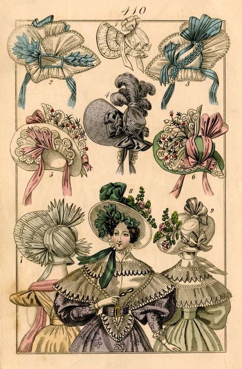 Istoria Modei, Mode Prints, Historical Hats, 1830s Fashion, Hats Beanie, Patron Vintage, Istoria Artei, Victorian Hats, 1800s Fashion