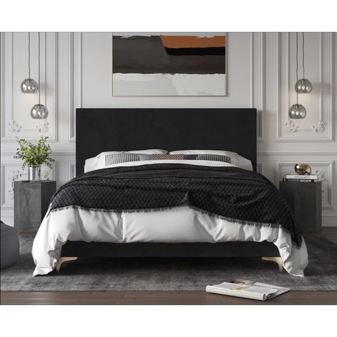 Elevate your bedroom with this simple yet modern design upholstered panel bed. The simple and clean-lined headboard wrapped in smooth velvet and cushioned with foam-filling offers comfort behind your head while you catch up on some late-night reading. Black Upholstered Bed, Black Bed Frame, Black Bed, Bed Upholstered, Box Spring Bed, Standard Bed, Upholstered Panel Bed, Velvet Bed, Beds And Headboards