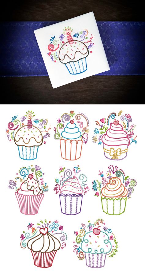 Patchwork, Cupcake Embroidery Patterns, Cupcake Doodle, Cupcake Embroidery, Clothespin Crafts Christmas, Machine Embroidery Designs Projects, Embroidery Template, Diy Embroidery Patterns, Stitch Book