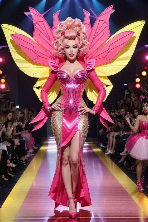 full body picture of the Kylie Minogue as a drag queen walking the runway of Rupaul's drag race, Kylie takes flight as a vibrant, neon-pink bat, with structured wings extending from a body-hugging dress. Her look is complemented with a contrasting neon-yellow wig, styled into a teased, chaotic updo Reveal Dress Drag, Campy Drag, Imbolc 2024, Drag Outfit Ideas, Fairygod Mother, Drag Queen Outfits Ideas, Drag Queen Dress, Drag Queen Fashion, Drag Outfits